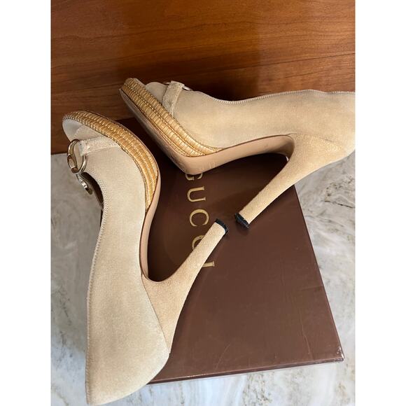 Gucci Suede Horsebit Platform Open toe Heels Pumps Sand 6.5 - Picture 12 of 15